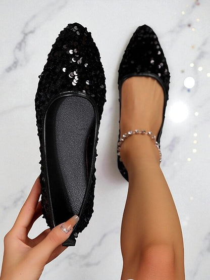 Pointed Sparkly Women's Toe Ballet Flats - Sequin Black