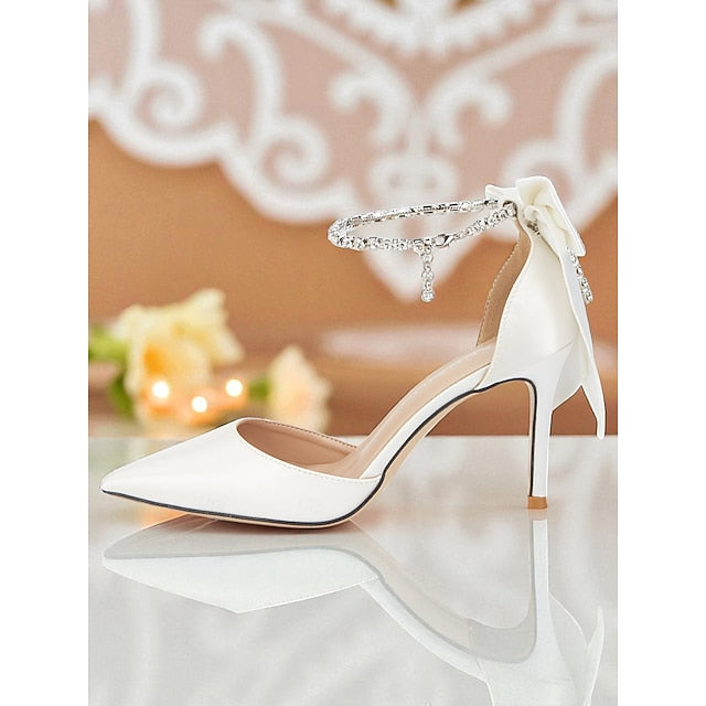 Ivory Pointed Satin Bow Toe with Heels Women's and Stiletto