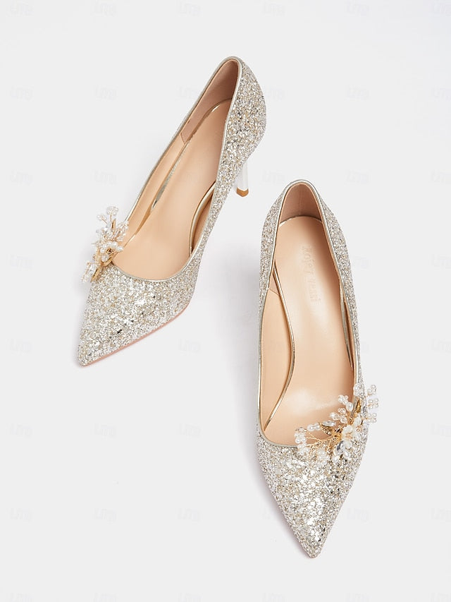 Glitter with Stiletto Silver Floral Heels Women's
