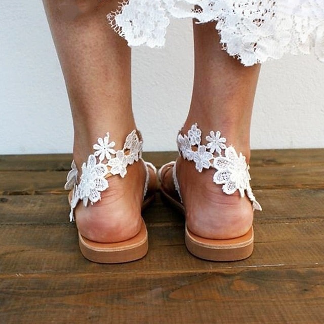 Floral Bridal Lace Sandals White Flat with Women's
