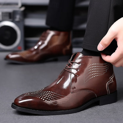Ankle Leather Men's Brogue Glossy Wingtip Burgundy Faux