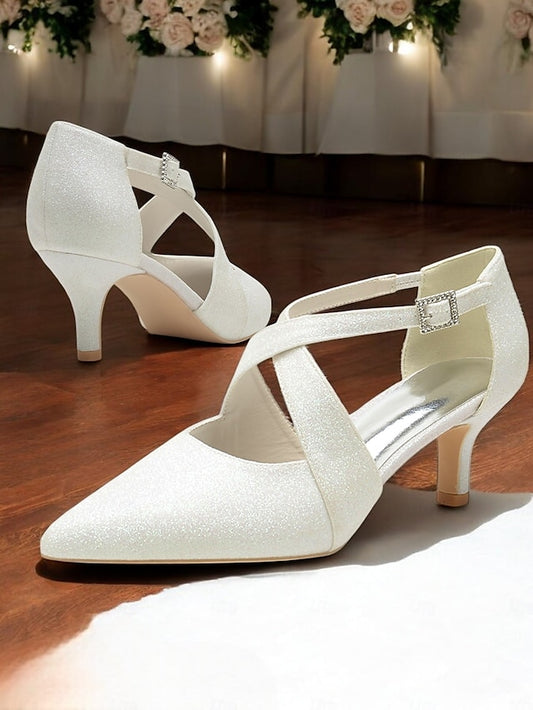 White Strap Buckle Cross Kitten Heels Rhinestone Glitter with