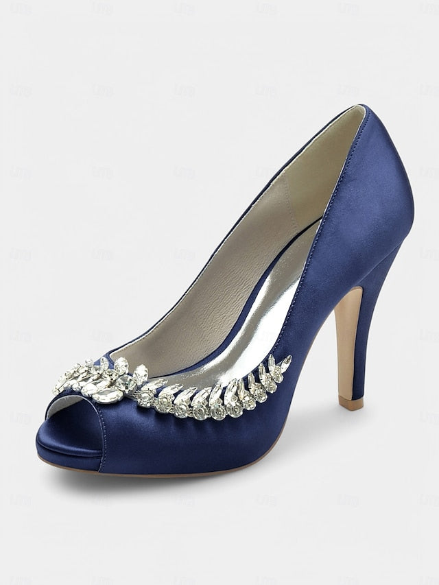 Satin Crystal Blue Heels Luxury – Peep-Toe Embellishment with