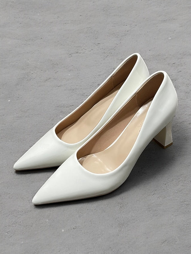 Leather Block Heel Glossy Pointed-Toe Pumps Green Patent Faux