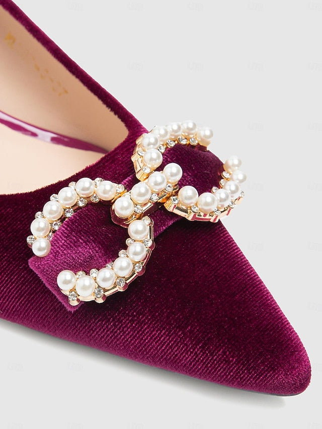 Women's Burgundy Pearl - Heel Velvet with Kitten Pumps Bow
