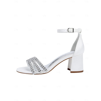 Block Heel Women's Purple Rhinestone Sandals with Satin