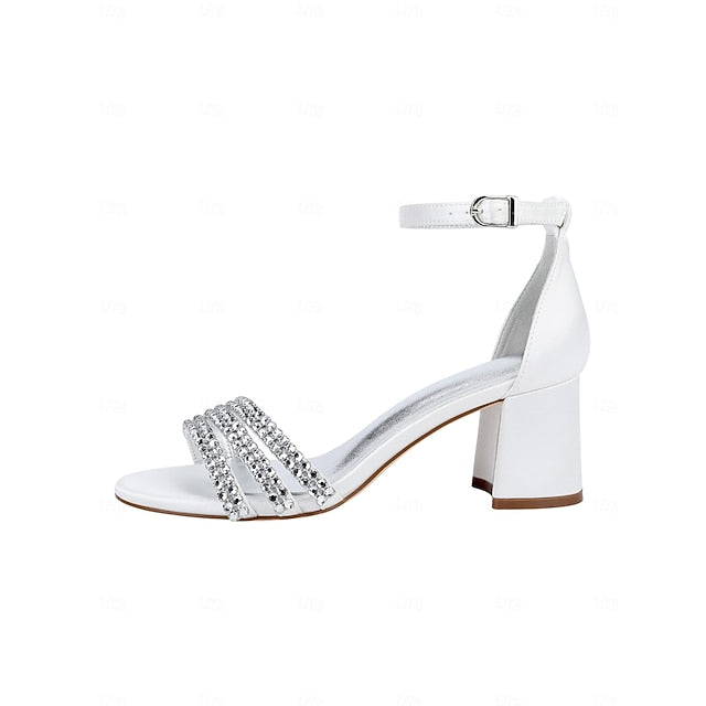 Satin Heel Purple Block Sandals Rhinestone with Women's