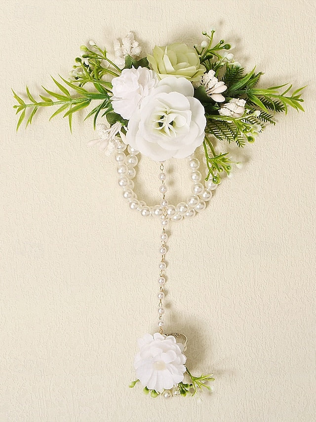 Elegant White – Hand Set Jewelry with Floral Pearls Wrist and
