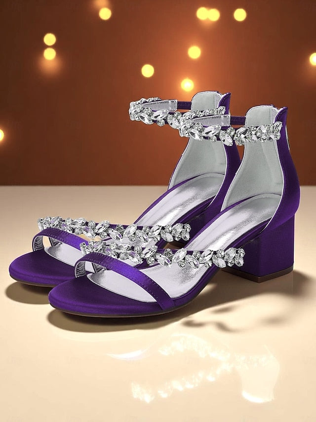 Heel Purple - Satin Crystal Block Women's Sandals