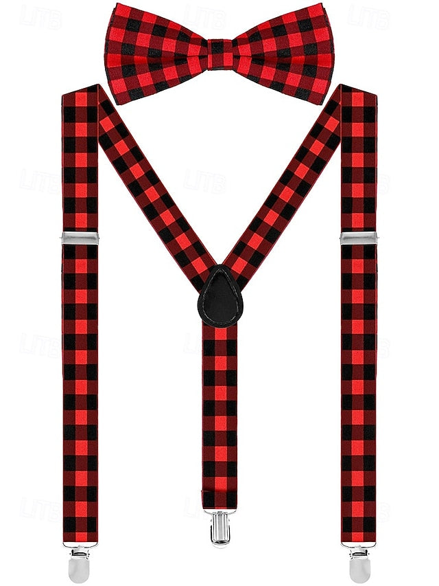 Christmas Men's Bow Plaid Tie Adjustable Set and Suspender