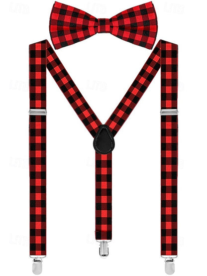 Christmas Men's Bow Plaid Tie Adjustable Set and Suspender