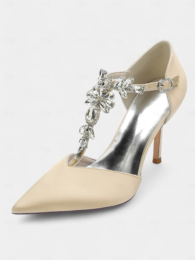 T-Strap Toe – Heels Pointed Women's Satin Blue Navy