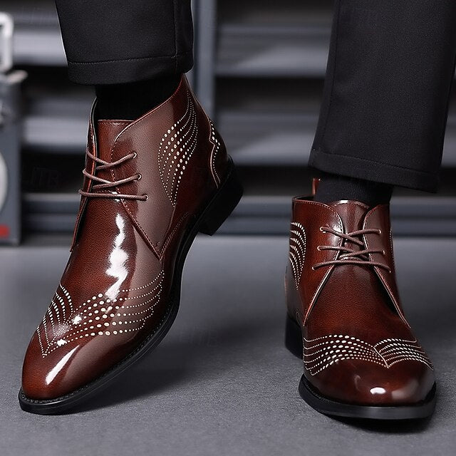 Ankle Leather Men's Brogue Glossy Wingtip Burgundy Faux