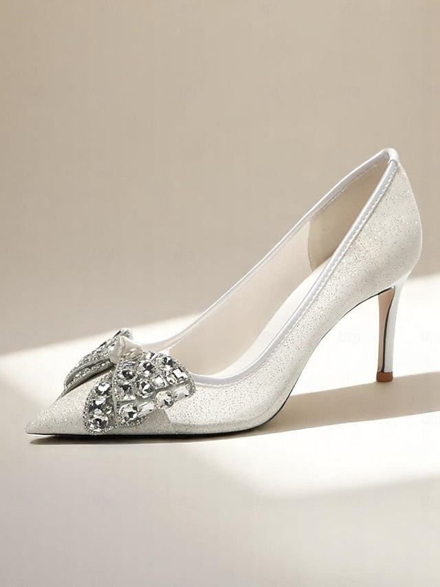 Rhinestone Glitter Heels Women's High with Bow