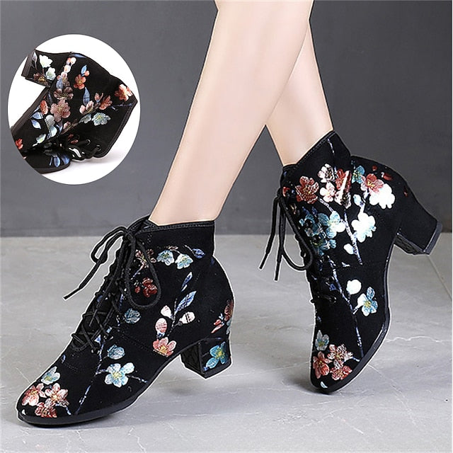 Comfortable Shoes Black – Lace-up Women Low Floral Dance for