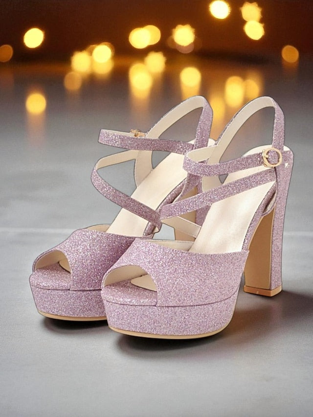 Heel Sandals Ankle Strap with Women's Glitter High Platform