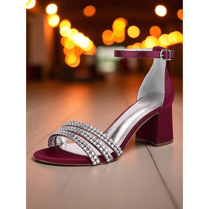 Block Heel Women's Purple Rhinestone Sandals with Satin