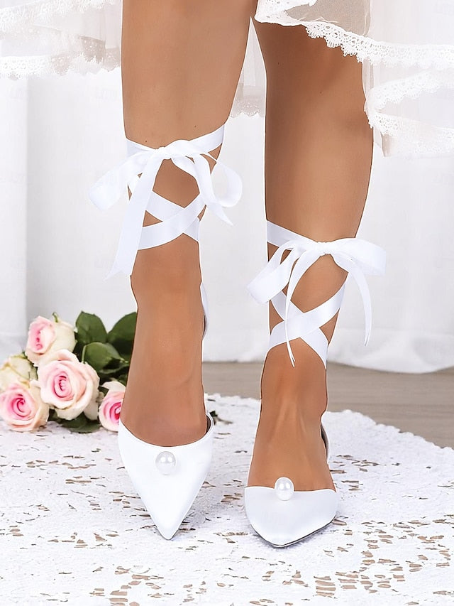 Embellished Satin Pointed Women's Navy - Pearl Flats Toe