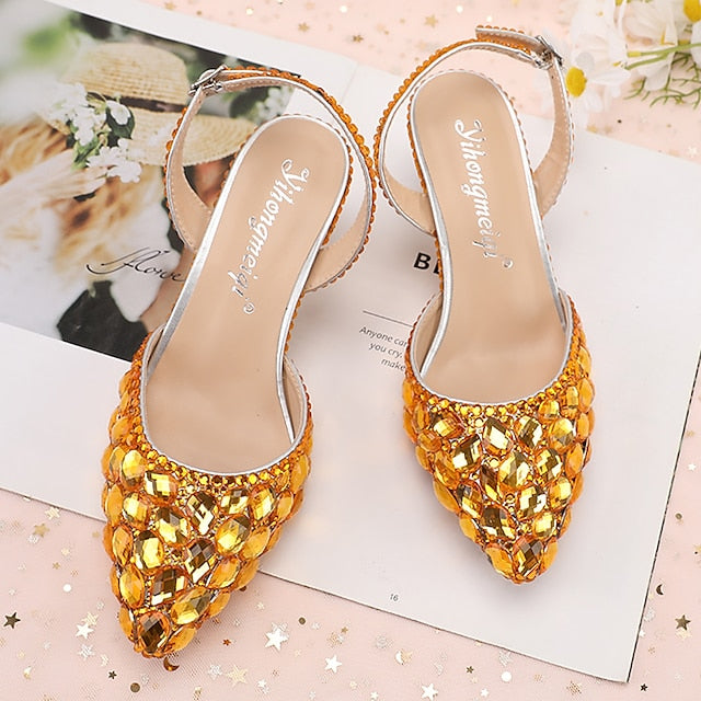 Heels Women's Crystal Slingback High Rhinestone Pointed-Toe