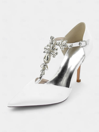 Blue Navy Toe Satin Heels Pointed – Women's T-Strap