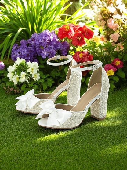 Glitter Women's Heel Ankle Sandals Wedding Block White with