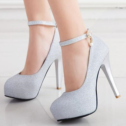 Platform Stiletto with Glitter Silver Heels Women's Ankle