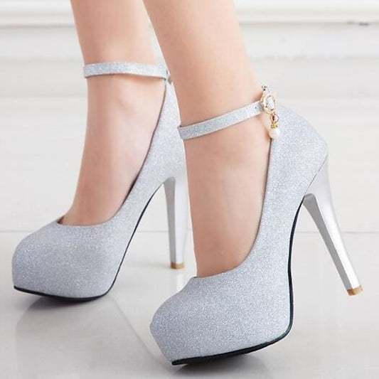 Platform Stiletto with Glitter Silver Heels Women's Ankle