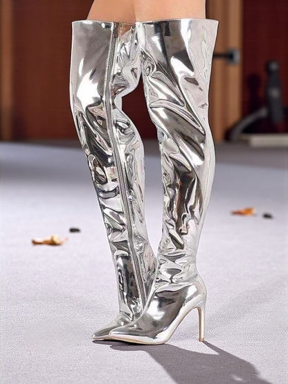 Black Over-the-Knee Women's Pointed Leather Patent Toe