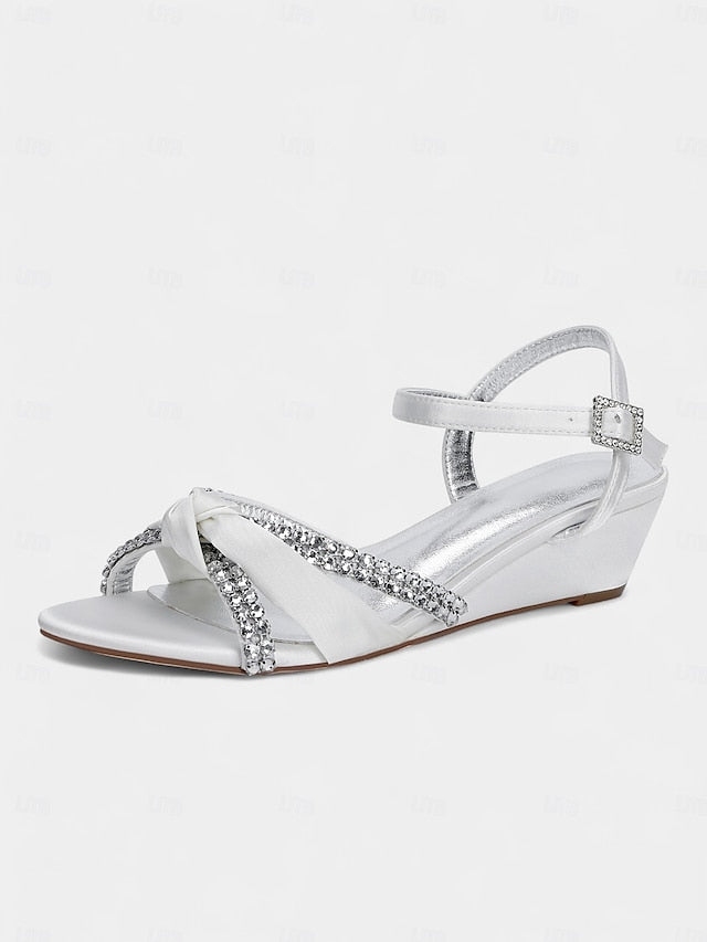 Satin Rhinestone Green - Women's Knot Wedge Sandals