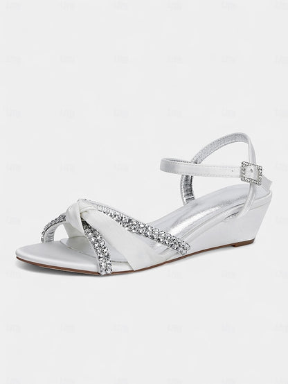 Satin Rhinestone Green - Women's Knot Wedge Sandals