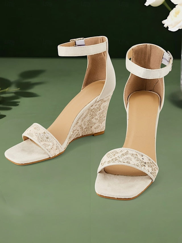 Women Wedge for Heel Sandals Ankle Stylish White Lace Strap –