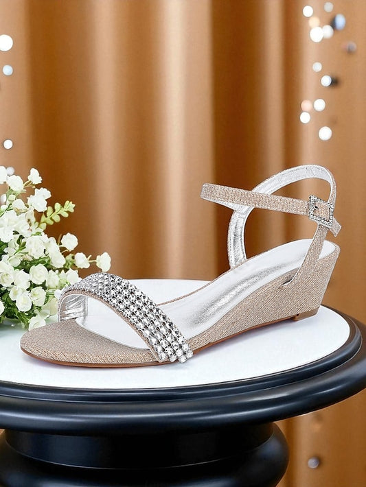 Champagne Wedge Women's Sandals Open Rhinestone - Toe