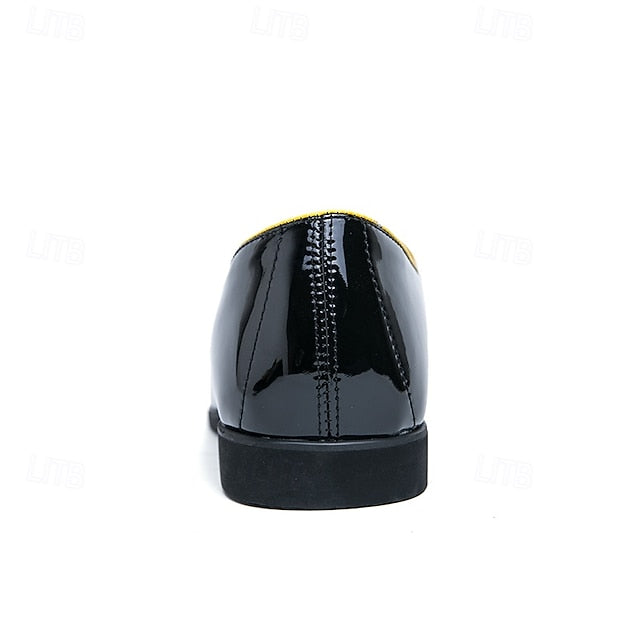 Men's Trim Yellow Faux Black Loafers Patent with Leather