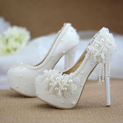 Heels Lace Wedding Platform with Floral Women's White