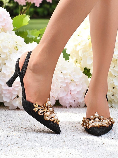 Black with Women's - Slingback Heels Detailing Pearl Satin