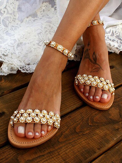 with Sandals Boho Beaded Chic Ankle for Floral Straps Flat
