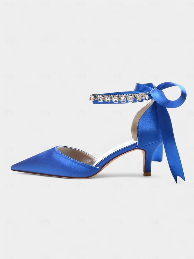 Heels Blue Ankle Pointed-Kitten with Strap Rhinestone and Satin