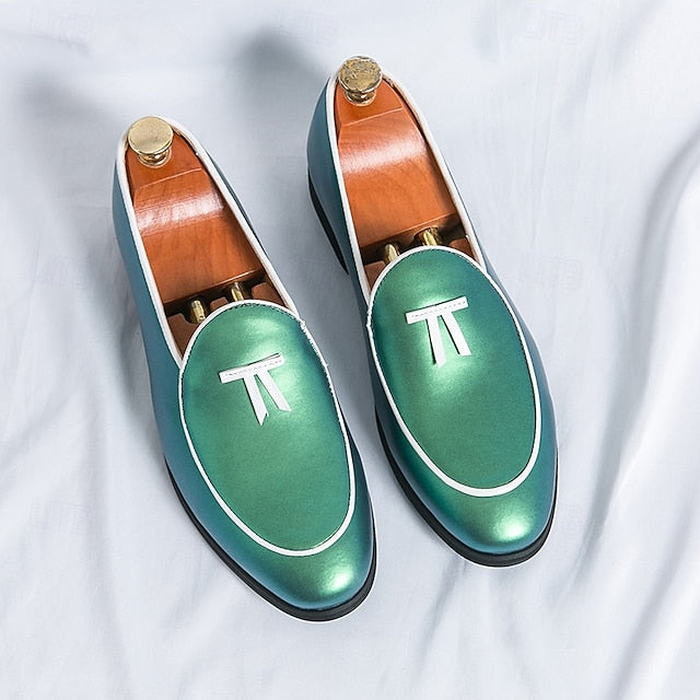 Men's Trim Yellow Faux Black Loafers Patent with Leather