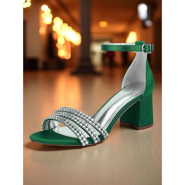 Block Heel Women's Purple Rhinestone Sandals with Satin