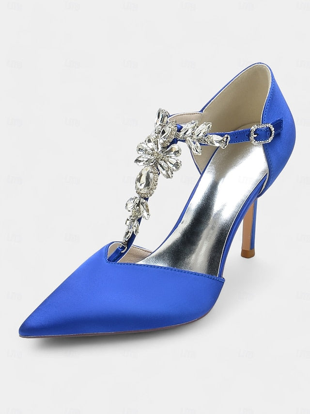 T-Strap Toe – Heels Pointed Women's Satin Blue Navy