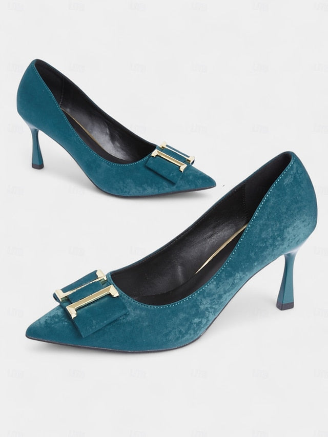 Kitten Velvet Toe Teal Pointed Pumps Heel - Women's Elegant