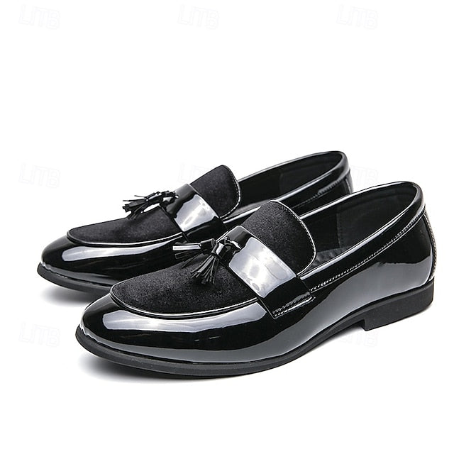 Velvet Men's Leather Patent Faux – Loafers Tassel Black
