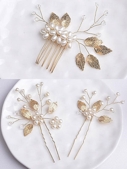 and Accessory Silver Faux Leaf with Set Gold Pearls Hair Bridal