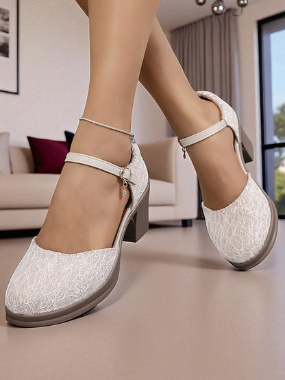 Heel Jane Comfortable Chunky Shoes - Lace Women's Mary Low