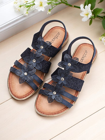 Elegant Rhinestone Flat Floral – Sandals Women's Beige