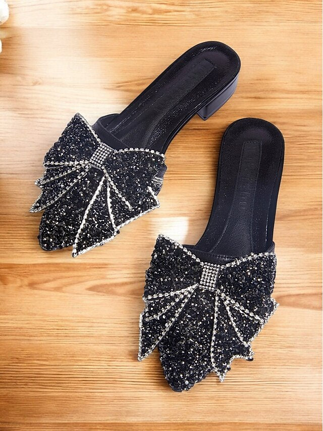 Rhinestone-Bow for Parties Mules Black – Flat Perfect and