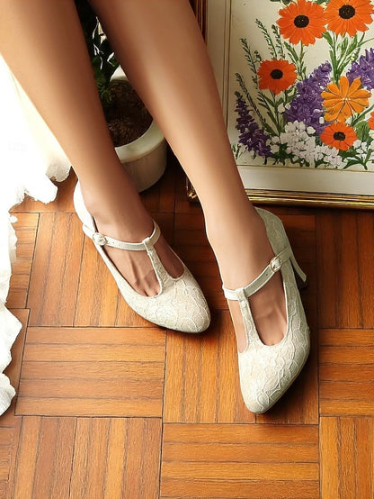Ivory Heel Women's Pumps-1920s T-Strap Lace Vintage Mid