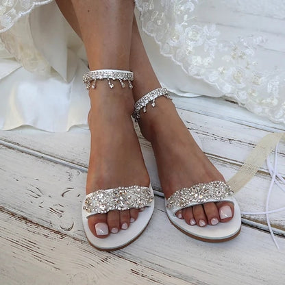Women's Sandals – Bridal Elegant White Rhinestone Flat