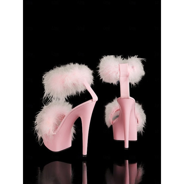 High –Stylish Heels with Fluffy Pink Sandals Platform