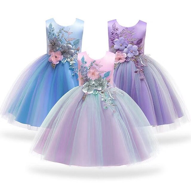 Purple Floral Blue Party Lace Girls' Dress Blushing Kids